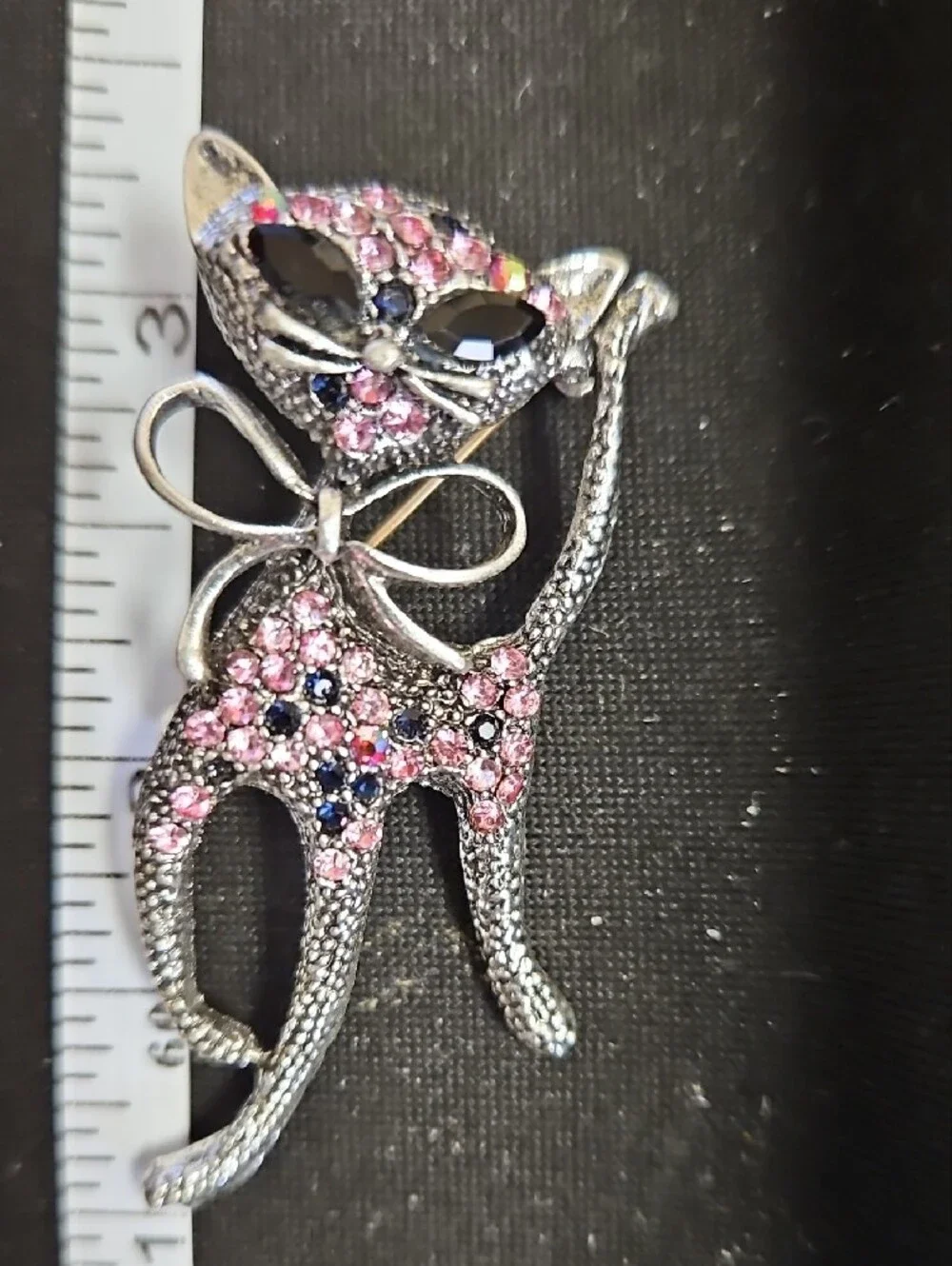 Silver-tone Pink Crystal Cat Brooch with Bow
